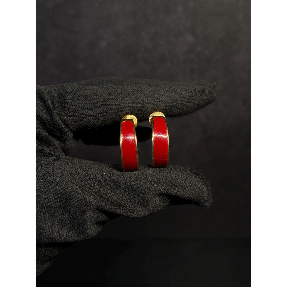 Vintage Napier Red Enamel Gold Tone Hoop Clip Screw Back Earrings